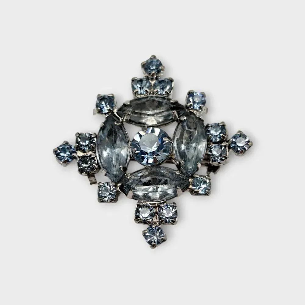Ice Blue Starburst Rhinestone Brooch Silver Tone Mixed Cut Mid Century Cool Glam